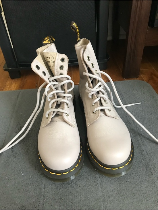 Dr. Martens Shoes - Dr. Martens Women's Cream Lace-Up Leather Boots with Yellow Stitching